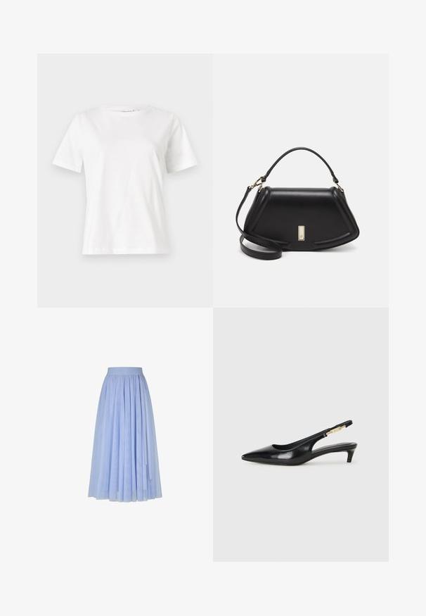 Biała bawełniana koszulka z krótkim rękawem, okrągłym dekoltem i luźnym krojem. Gładka tekstura, brak wzorów lub dodatków, minimalistyczny design.; Jasnoniebieska plisowana spódnica midi z elastycznym paskiem w talii, z subtelnym wytłoczonym logo i warstwowym, przezroczystym materiałem.; Czarne skórzane szpilki typu slingback z ostrym noskiem, posiadające smukły obcas i złoty akcent na regulowanym pasku. Gładka tekstura.; Czarna skórzana torebka o strukturalnym designie, z przyciętą formą, górnym uchwytem i złotymi akcentami. W zestawie regulowany pasek na ramię.