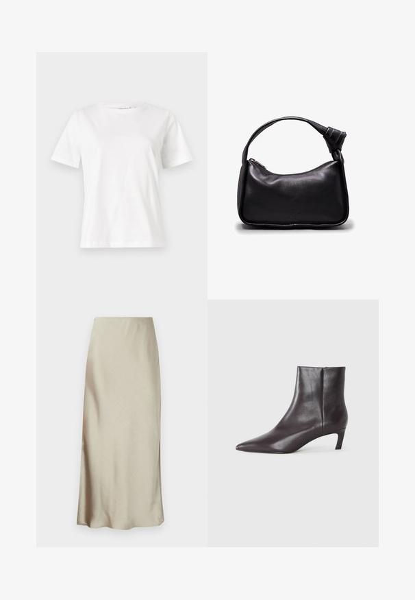 Valkoinen puuvillapaita lyhyillä hihoilla, pyöreällä kaula-aukolla ja rentolla istuvuudella. Sujuva rakenne, ei kuvioita tai yksityiskohtia, minimalistinen muotoilu.; Pitkä, vaaleanbeige hame, joka on valmistettu sileästä kankaasta, sisältää hienovaraisen kiillon ja liehakkeen helman, mikä tarjoaa tyylikkään, minimalistisen muotoilun.; Mustat nahkakengät nilkkurit, joissa on terävä kärki ja matala kitten-kanta, sileä pinta, sivuvetoketju, esitetty neutraalilla taustalla.; Musta nahkainen käsilaukku, jossa on kaareva muoto ja solmukoriste olkahihnassa. Varustettu vetoketjusuljennalla ja kohokuvioidulla logolla edessä.
