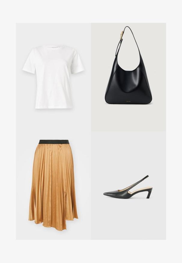 Hvit bomull t-skjorte med korte ermer, rund hals og avslappet passform. Glatt tekstur, ingen mønstre eller detaljer, minimalistisk design.; Plissér midi skjørt i en varm beige farge. Laget av glatt stoff med svart DKNY elastisk liv. Har en sidesplit for komfort.; Svart spiss tå slingback-sko med lav hæl, laget av jevnt skinnmateriale og med utskåret design på siden for pusteevne.; Svart lær skulderveske med glatt tekstur, buet silhuett og gullfarge detaljer. Har preget merkevarelogo nederst.