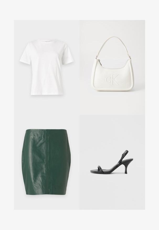 Hvit bomull t-skjorte med korte ermer, rund hals og avslappet passform. Glatt tekstur, ingen mønstre eller detaljer, minimalistisk design.; Grønn skinn mini skjørt med jevn tekstur og tettsittende form. Har et sømløst design uten synlige lukkinger eller maskinvare.; Sorte skinnhøye hæler med en slank, buet hæl og et kryssrem-design. Justerbar ankelrem. Glatt tekstur.; Hvit lærveske med en buet fasong, med et preget "CK"-logo på forsiden og en enkel skulderstropp. Glidelåslukking på toppen.