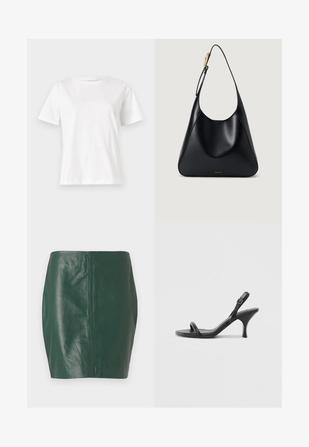 White cotton t-shirt with short sleeves, round neckline, and a relaxed fit. Smooth texture, no patterns or accents, minimalistic design.; Green leather mini skirt with a smooth texture and fitted shape. Features a seamless design with no visible closures or hardware.; Black leather high-heeled sandals with a slim, curved heel and a crossed strap design. Adjustable ankle strap. Smooth texture.; Black leather shoulder bag with a smooth texture, curved silhouette, and a gold hardware accent. Features embossed brand logo at the base.