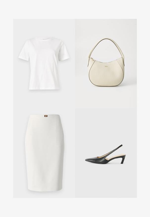 Λευκό βαμβακερό μπλουζάκι με κοντά μανίκια, στρογγυλή λαιμόκοψη και άνετη εφαρμογή. Λείο υφασμάτινο, χωρίς σχέδια ή αξεσουάρ, μινιμαλιστικός σχεδιασμός.; Elisabetta Franchi WOMEN SKIRT - Pencil φούστα - avorio; Μαύρο παπούτσι slingback με αιχμηρή μύτη και χαμηλό τακούνι, κατασκευασμένο από λείο δέρμα με σχέδιο κοπής στη πλευρά για αερισμό.; Κρεμ τσάντα χειρός με υφή, καμπύλη σχήμα, κοντό χερούλι και χρυσό λογότυπο. Κλείσιμο με φερμουάρ στην κορυφή.