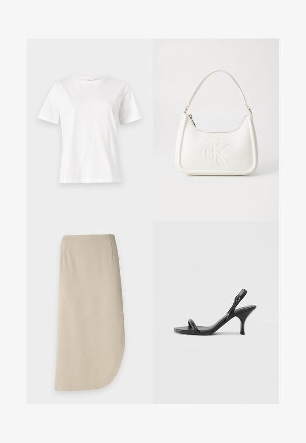 Weißes Baumwoll-T-Shirt mit kurzen Ärmeln, Rundhalsausschnitt und lockerer Passform. Glatte Textur, keine Muster oder Akzente, minimalistisches Design.; Beige knie-lange Rock mit weicher Textur, curved Saum und seitlichen Taschen. Minimalistisches Design ohne sichtbare Verschlüsse.; Schwarze Leder-Sandalen mit hohen Absätzen, schlankem, gebogenem Absatz und gekreuztem Riemendesign. Verstellbarer Knöchelriemen. Glatte Textur.; Weiße Lederhandtasche mit abgerundeter Form, ausgestattet mit einem geprägten "CK"-Logo auf der Vorderseite und einem Einzel-Schultergurt. Reißverschluss oben.