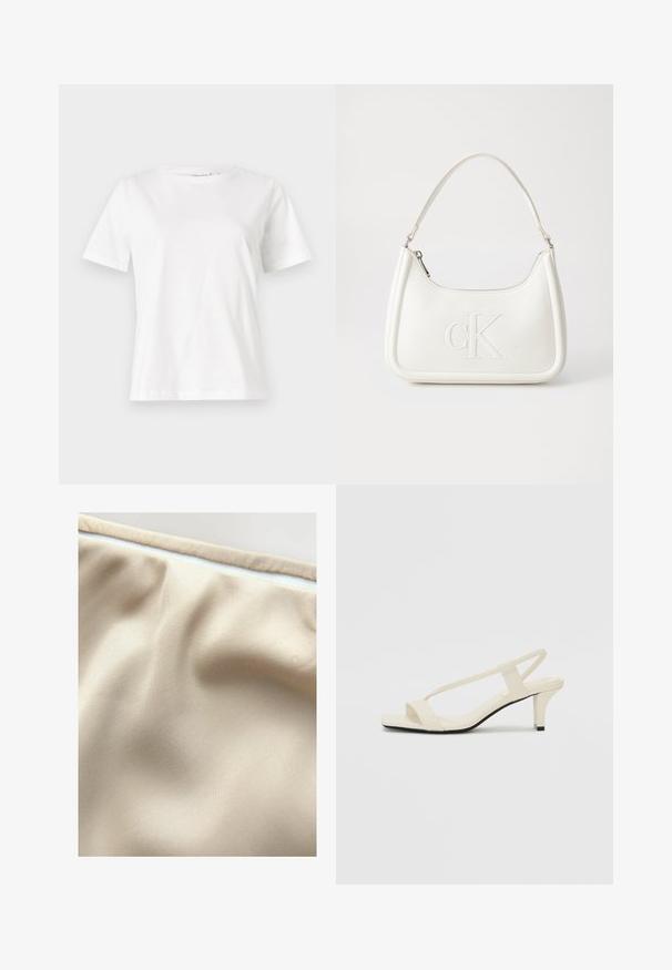 Tricou alb din bumbac cu mâneci scurte, guler rotund și o croială relaxată. Textură netedă, fără imprimeuri sau accente, design minimalist.; Material bej cu o textură netedă, cu pliuri subtile și un fermoar alb contrastant pe marginea de sus.; Sandale bej cu toc bloc, cu bretele subțiri și vârf pătrat. Material neted cu detalii minime, concepute pentru a fi ușor de purtat.; Geantă de umăr din piele albă cu formă curbată, având un logo "CK" embosat pe partea din față și un singur braț de umăr. Închidere cu fermoar în partea de sus.