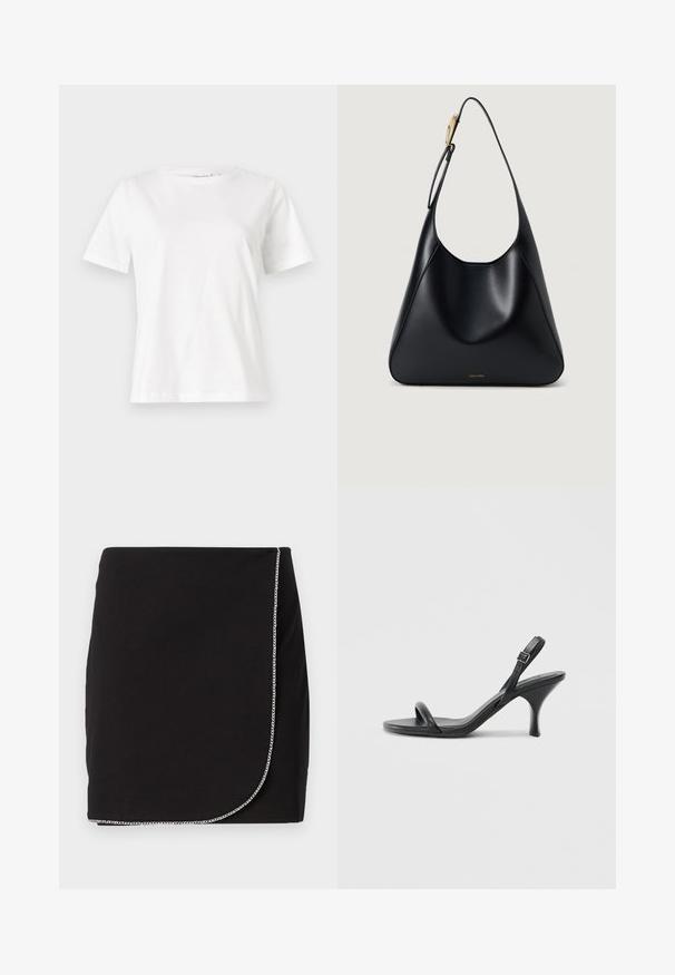 Valkoinen puuvillapaita lyhyillä hihoilla, pyöreällä kaula-aukolla ja rentolla istuvuudella. Sujuva rakenne, ei kuvioita tai yksityiskohtia, minimalistinen muotoilu.; Mustat minihameet, jotka on valmistettu sileästä kankaasta ja joissa on ketjutehoste helmassa. Hameessa on kietaisumalli ja siistit linjat.; Mustat nahkaiset korkokengät, joissa on hoikka, kaareva korko ja ristiin menevä hihnadesign. Säädettävä nilkkahihna. Silkkinen pinta.; Mustavälinen olkalaukku, jossa on sileä pinta, kaareva siluetti ja kultaiset yksityiskohdat. Laukussa on painettu tuotemerkin logo pohjassa.