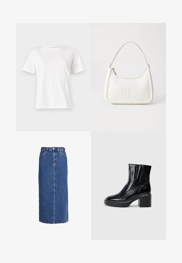 Balta medvilninė marškinėliai trumpomis rankovėmis, su apvalia iškirpte ir laisvu siluetu. Lygi tekstūra, be raštų ar akcentų, minimalistinis dizainas.; Mėlynas džinsinis midi sijonas su tiesiu kirpimu, priekiniais mygtukais, dviem šoninėmis kišenėmis ir matoma siūlės tekstūra.; Juodi lakiniai auliniai batai iki kulkšnies, su išlenktu pirštu, elastinėmis šoninėmis panelėmis ir masyviu blokuotu kulnu. Apdailoje užpakalinėje dalyje įspaustas logotipas.; Balta odinė rankinė su išlenkta forma, su reljefiniu "CK" logotipu priekyje ir viena petneša. Užtrauktuko uždarymas viršuje.