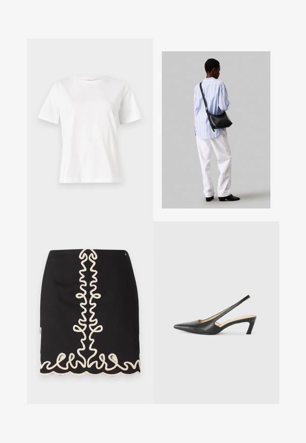 Fehér pamut póló rövid ujjakkal, kerek nyakkivágással és laza szabással. Sima textúra, nincsenek minták vagy díszítések, minimalista dizájn.; Fekete szoknya, amelynek texturált, krém színű hímzett mintázata van, lágyan kanyargó formákkal a középen és az alján.; Fekete, hegyes orrú, slingback cipő alacsony sarkával, sima bőrből készült, oldalt kivágott deisgnal a légáteresztőképesség érdekében.; Fekete bőr válltáska puha tapintással, háromszög alakú, állítható pánttal, világoskék csíkos inggel és fehér nadrággal párosítva.