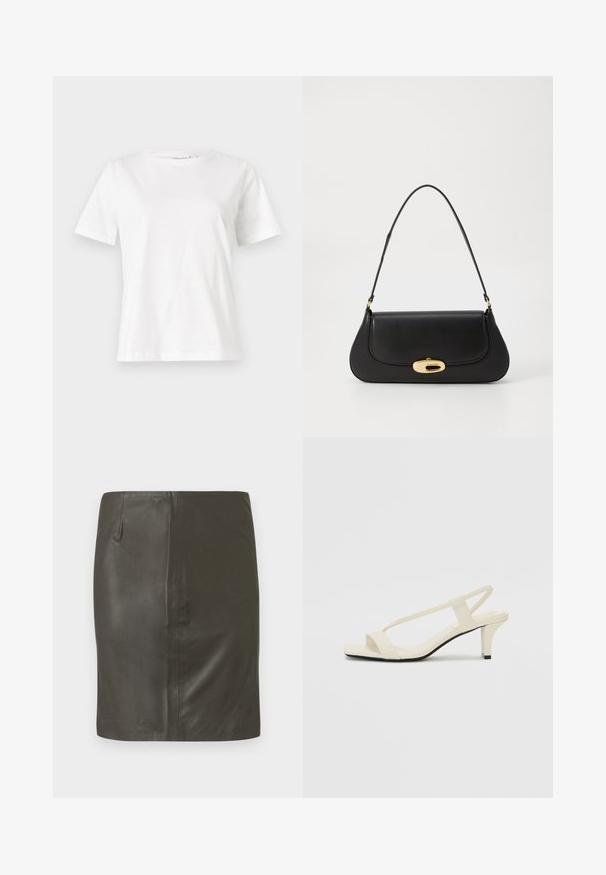 Biela bavlnená tričko s krátkymi rukávmi, okrúhlym výstrihom a voľným strihom. Hladká textúra, bez vzorov alebo akcentov, minimalistický dizajn.; Tmavozelená kožená sukňa s hladkou textúrou, priliehavým strihom a jedným bočným vreckom. Jednoduchý dizajn bez viditeľných kovových prvkov alebo vzorov.; Béžové sandále na blokovom podpätku s tenkými pásikmi a štvorcovou špičkou. Hladký materiál s minimálnym detailovaním, navrhnuté pre ľahké nosenie.; Čierna kožená kabelka s prehnutým dizajnom, zlatými kovovými detailmi a horným uchom. Má elegantné zatvorenie a hladký povrch.
