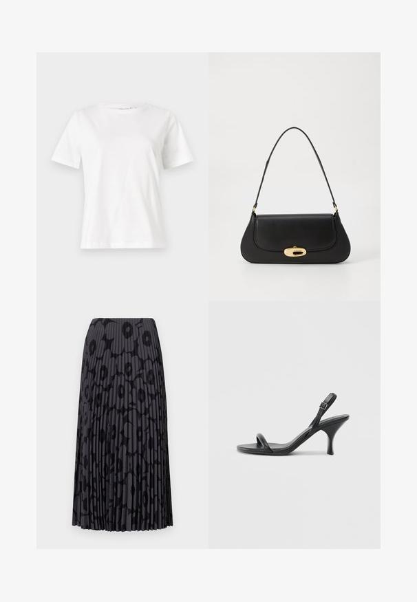 White cotton t-shirt with short sleeves, round neckline, and a relaxed fit. Smooth texture, no patterns or accents, minimalistic design.; Black pleated skirt with a floral pattern, made from lightweight fabric; features vertical stripes and an elastic waistband.; Black leather high-heeled sandals with a slim, curved heel and a crossed strap design. Adjustable ankle strap. Smooth texture.; Black leather handbag with a curved design, gold-tone hardware, and a top handle. Features a sleek closure and smooth texture.