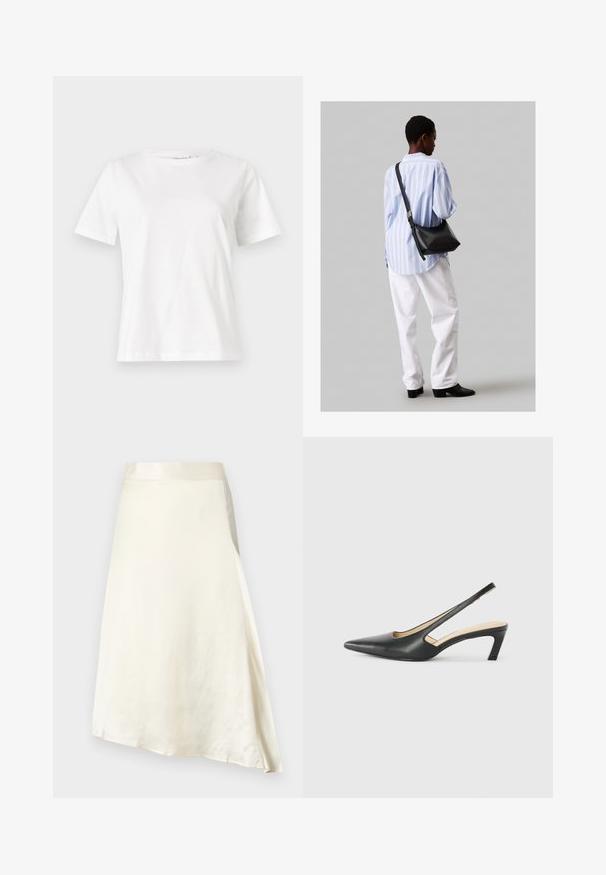 Bílý bavlněný tričko s krátkým rukávem, kulatým výstřihem a volnějším střihem. Hladká textura, bez vzorů nebo akcentů, minimalistický design.; Krémová sukně do délky ke kolenům vyrobená z hladkého saténového materiálu s jemným leskem. Má A-line střih a nařasený pas pro lepší přizpůsobení.; Černý špičatý slingback s nízkým podpatkem, vyrobený z hladké kůže, s výřezem na boku pro lepší prodyšnost.; Černá kožená kabelka přes rameno s jemnou texturou, trojúhelníkovým tvarem a nastavitelným popruhem, v kombinaci se světle modrou pruhovanou košilí a bílými kalhotami.