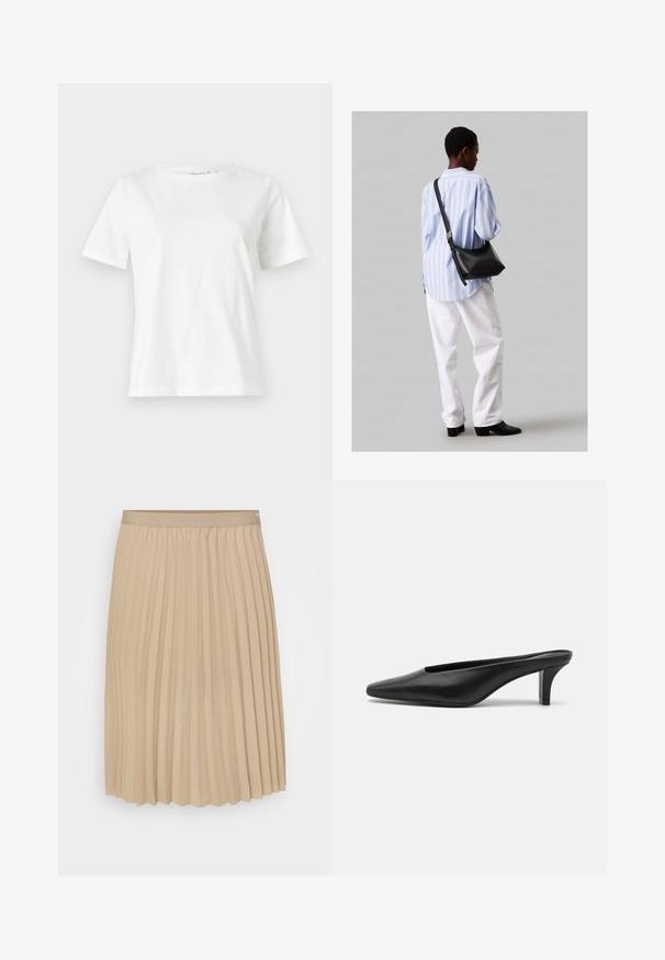 Biela bavlnená tričko s krátkymi rukávmi, okrúhlym výstrihom a voľným strihom. Hladká textúra, bez vzorov alebo akcentov, minimalistický dizajn.; Krémová plisovaná sukňa s plochým pásom. Látka je hladká, s vertikálnymi záhybmi a lemom so zúbkovaným okrajom. Elegantný a jednoduchý dizajn.; Čierne kožené špicaté muly s nízkym stiletto podpätkom. Hladká textúra, minimalistický dizajn a otvorená zadná časť pre jednoduché obúvanie.; Čierna kožená ramenná taška so mäkkou textúrou, trojuholníkovým tvarom a nastaviteľným popruhom, skombinovaná s svetlomodrou pruhovanou košeľou a bielymi nohavicami.