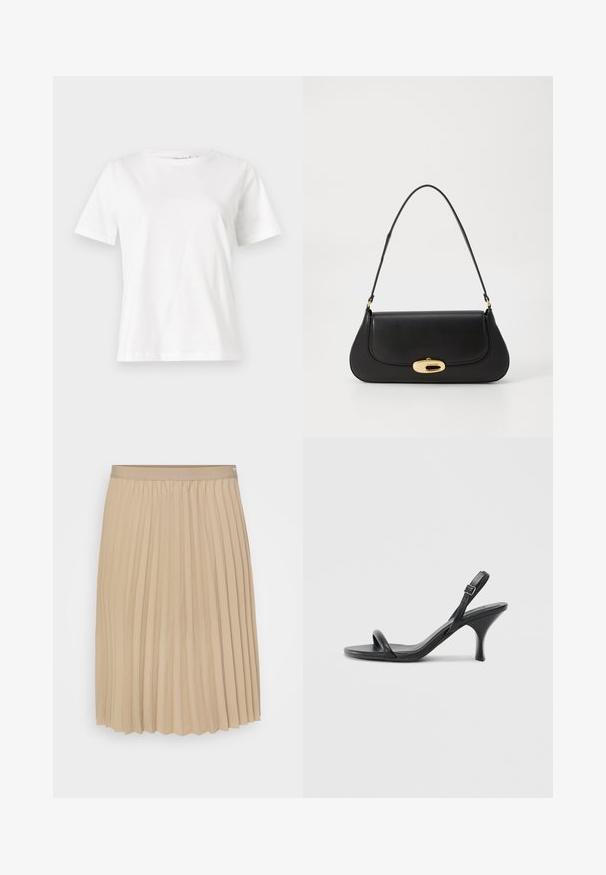 Hvid bomulds t-shirt med korte ærmer, rund halsudskæring og en afslappet pasform. Glat tekstur, ingen mønstre eller accenter, minimalistisk design.; Beige plisseret nederdel med en flad talje. Stoffet er glat og har lodrette folder samt en kant med bølger. Elegant og simpel design.; Sorte læder højhælede sandaler med en slank, buet hæl og et krydset stropdesign. Justerbar ankelrem. Glat tekstur.; Sort læderhåndtaske med et buet design, guldfarvet hardware og en øverste håndtag. Har en strømlinet lukning og en glat tekstur.