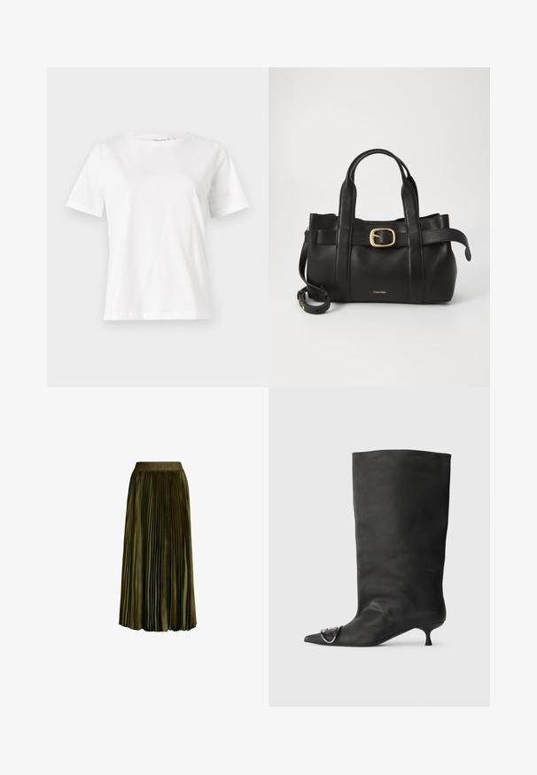 Weißes Baumwoll-T-Shirt mit kurzen Ärmeln, Rundhalsausschnitt und lockerer Passform. Glatte Textur, keine Muster oder Akzente, minimalistisches Design.; Olivgrüner, knielanger, plissierter Rock mit elastischem Taillenbund, der das subtile "JOOP!"-Logo zeigt. Aus satinähnlichem Stoff mit einem fließenden Schnitt.; Schwarze Leder-Ankle Boots mit spitzem Zehenbereich, kleinem Absatz und metallischen Akzenten an der Spitze. Sanfte, matte Textur im gesamten Schuh.; Schwarze Lederhandtasche mit strukturiertem Design, doppelten oberen Griffen, goldfarbenem Schnallenakzent und geprägtem Markenlogo auf der Vorderseite.