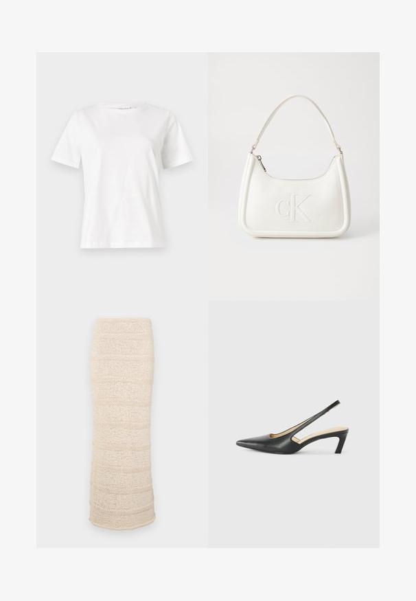 Balta medvilninė marškinėliai trumpomis rankovėmis, su apvalia iškirpte ir laisvu siluetu. Lygi tekstūra, be raštų ar akcentų, minimalistinis dizainas.; Pinti midi sijonas šviesiai beigėje spalvoje su horizontaliais tekstūriniais dryžiais. Prigludusi siluetas, minkšta medžiaga ir šiek tiek atvira apačia.; Juodas smailus slingback batelis su žemu kulnu, pagamintas iš lygaus odos paviršiaus ir su išpjovomis šone, užtikrinančiomis oro pralaidumą.; Balta odinė rankinė su išlenkta forma, su reljefiniu "CK" logotipu priekyje ir viena petneša. Užtrauktuko uždarymas viršuje.
