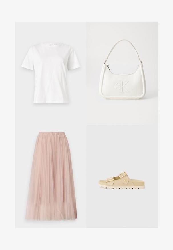 Tricou alb din bumbac cu mâneci scurte, guler rotund și o croială relaxată. Textură netedă, fără imprimeuri sau accente, design minimalist.; Fustă din tull roz deschis, cu un brâu elastic, având un material stratificat, transparent și o siluetă fluidă.; Sandale bej cu talpă plată, prevăzută cu două catarame aurii ajustabile, brâu din suede moale, talpă texturată și înălțime moderată a platformei pentru confort.; Geantă de umăr din piele albă cu formă curbată, având un logo "CK" embosat pe partea din față și un singur braț de umăr. Închidere cu fermoar în partea de sus.