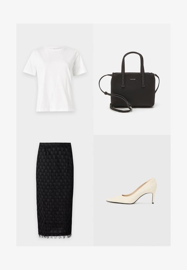 Biała bawełniana koszulka z krótkim rękawem, okrągłym dekoltem i luźnym krojem. Gładka tekstura, brak wzorów lub dodatków, minimalistyczny design.; Czarna spódnica midi z teksturowanym wzorem i frędzlami na dolnej krawędzi. Wykonana z lekkiego materiału, ma dopasowany fason.; Białe skórzane szpilki z ostrym noskiem, gładką fakturą i czarnym akcentem na podeszwie. Klasyczny design o umiarkowanej wysokości obcasa.; Czarna torebka z dwoma krótkimi uchwytami i odpinanym paskiem na ramię. Gładki materiał przypominający skórę, z zamkiem błyskawicznym i detalem z logo.