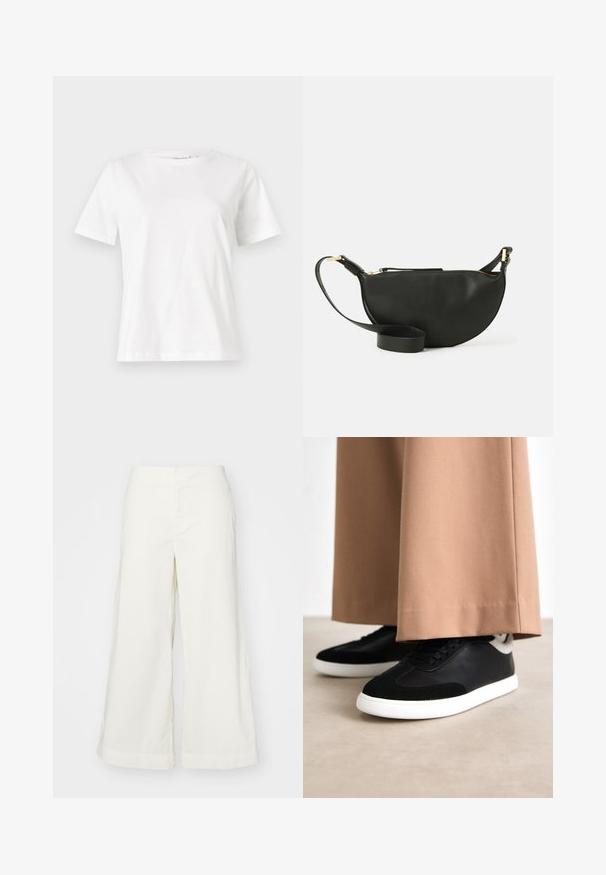 Fehér pamut póló rövid ujjakkal, kerek nyakkivágással és laza szabással. Sima textúra, nincsenek minták vagy díszítések, minimalista dizájn.; Fehér, bő szárú nadrág, könnyű anyagból készült, magas derékú és varrott részletekkel, laza szabású és tiszta vonalú.; Fekete és szürke sportcipő sima bőr felsőrésszel és puha velúr részletekkel; fehér gumitalp; bézs széles szárú nadrággal viselve.; Fekete bőr keresztpántos táska félhold formában, texturált felülettel, arany cipzárral és lapos pánttal. Kompakt kialakítás, amely a fontos dolgok számára alkalmas.