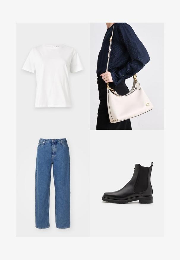 Λευκό βαμβακερό μπλουζάκι με κοντά μανίκια, στρογγυλή λαιμόκοψη και άνετη εφαρμογή. Λείο υφασμάτινο, χωρίς σχέδια ή αξεσουάρ, μινιμαλιστικός σχεδιασμός.; Ανοιχτό μπλε τζιν παντελόνι με ψηλή μέση, ίσια γραμμή, πέντε τσέπες και ελαφρώς ξεθωριασμένη υφή. Κλείσιμο με κράκ και κουμπί.; Μαύρη δερμάτινηankle boot με ελαστικές πλάγια πάνελ, χαμηλό σωρό τακούνι και βρόγχο στο πίσω μέρος. Λείος υφή και κομψός σχεδιασμός.; Μια μπεζ δερμάτινη τσάντα χειρός με σκούρες λεπτομέρειες, καμπύλη σιλουέτα, χρυσές μεταλλικές λεπτομέρειες και αποσπώμενο λουράκι, κρατημένη στο πλάι ενάντια σε ένα σκούρο ρούχο.