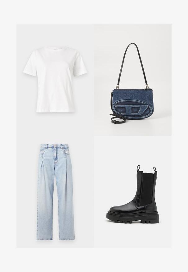 Valkoinen puuvillapaita lyhyillä hihoilla, pyöreällä kaula-aukolla ja rentolla istuvuudella. Sujuva rakenne, ei kuvioita tai yksityiskohtia, minimalistinen muotoilu.; Vaaleansiniset farkut, joissa on korkea vyötärö, leveälahkeinen leikkaus, kaksi sivutaskua ja pleatattu muotoilu. Pehmeä rakenne, jossa on haalistunut viimeistely.; Mustat nilkkurit, joissa on kiiltävä nahkapinta, joustavat sivupaneelit, vetotakit ja paksu, teksturoitu kumipohja. Massiivinen muotoilu, tyylikäs siluetti.; Denim-mallinen olkalaukku, jossa on musta nahkahihna, etupuolella ovale logo -kuvio ja vetoketjukiinnitys ylhäällä. Rakeinen pinta.