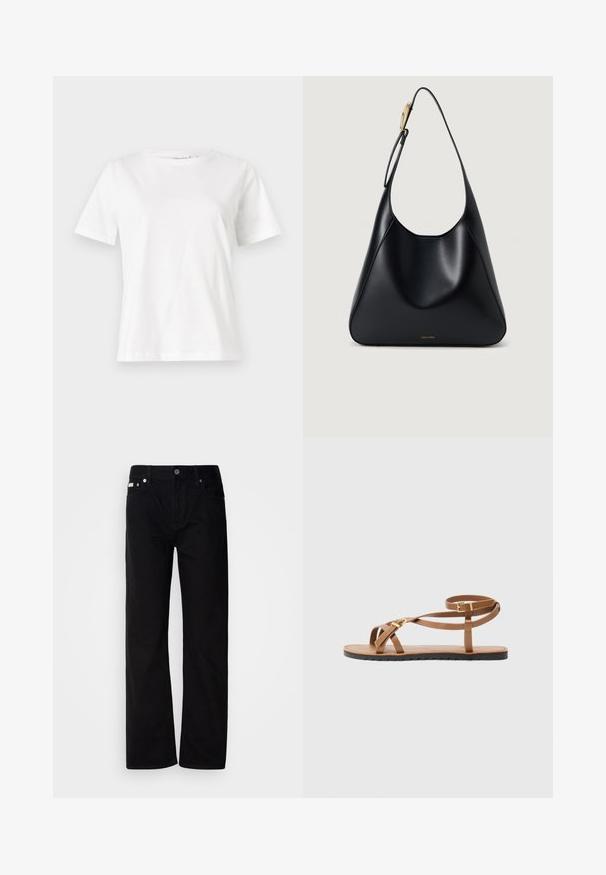 Valge puuvillane T-särk lühikeste varrukatega, ümmarguse kaelusega ja vabalt istuv. Sile tekstuur, ilma mustrite ja aktsentideta, minimalistik disain.; Mustad teksased sirge jala ja viie taskuga, hõbedaste neetide ja nupu sulgemisega. Kanga pind on sile, kerge tekstuuriga.; Pruunist nahast sandaal, millel on õhukeste rihmadega disain, kuldse tooni klamber ja lame must talla, mille servad on sakilised.; Must mustriba mustkott, millel on sile tekstuur, kõver siluett ja kuldne riistvara aksent. Omab reljeefset brändilogo alusel.; Must mustriba mustkott, millel on sile tekstuur, kõver siluett ja kuldne riistvara aksent. Omab reljeefset brändilogo alusel.