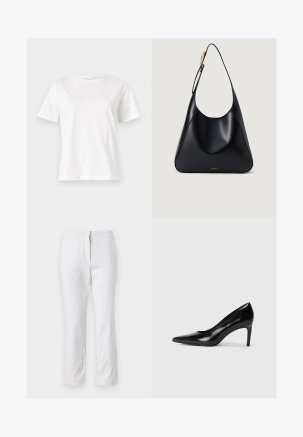 White cotton t-shirt with short sleeves, round neckline, and a relaxed fit. Smooth texture, no patterns or accents, minimalistic design.; White cotton pants with a straight leg design, featuring a mid-rise waist and no visible hardware or patterns. Smooth texture throughout.; Black leather high heel shoe with a pointed toe, smooth texture, and a tapered heel. Minimalist design, no additional embellishments.; Black leather shoulder bag with a smooth texture, curved silhouette, and a gold hardware accent. Features embossed brand logo at the base.