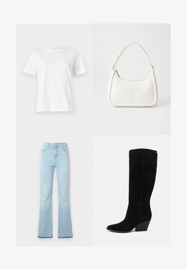 Hvit bomull t-skjorte med korte ermer, rund hals og avslappet passform. Glatt tekstur, ingen mønstre eller detaljer, minimalistisk design.; Lyseblå flagrende jeans laget av denim, med høy midje, frontlommer og rå kant ved mansjettene for et uformelt utseende.; Guess CALLY - Cowboystøvler - black; Hvit lærveske med en buet fasong, med et preget "CK"-logo på forsiden og en enkel skulderstropp. Glidelåslukking på toppen.