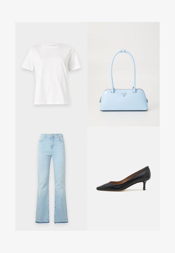 Bílý bavlněný tričko s krátkým rukávem, kulatým výstřihem a volnějším střihem. Hladká textura, bez vzorů nebo akcentů, minimalistický design.; Světle modré rozšířené džíny vyrobené z denimové látky, s vysokým pasem, předními kapsami a surovým lemem na manžetách pro uvolněný vzhled.; Černé kožené lodičky s špičatou špičkou, nízkým podpatkem a hladkým povrchem, s jemným zlatým akcentem na základně paty.; Světle modrá kabelka se strukturovaným tvarem, hladkou koženou texturou, dvěma uchy a trojúhelníkovým logem značky na přední straně. Uzavření na zip.