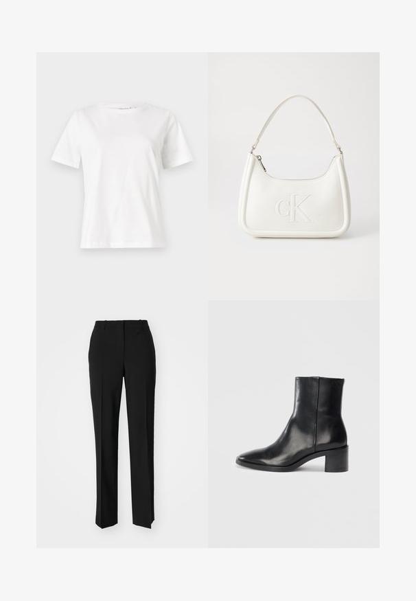 White cotton t-shirt with short sleeves, round neckline, and a relaxed fit. Smooth texture, no patterns or accents, minimalistic design.; Black tailored trousers with a straight-leg design, featuring a smooth texture and crisp creases along the front. No visible hardware.; Black leather ankle boot with a pointed toe, low block heel, and subtle embossed logo. Smooth texture with a sleek design and minimal stitching.; White leather handbag with a curved shape, featuring an embossed "CK" logo on the front and a single shoulder strap. Zipper closure at top.