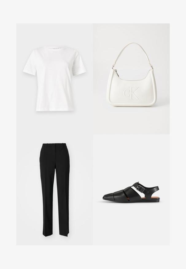 Balta medvilninė marškinėliai trumpomis rankovėmis, su apvalia iškirpte ir laisvu siluetu. Lygi tekstūra, be raštų ar akcentų, minimalistinis dizainas.; Juodi pritaikyti kelnių modeliai su tiesiomis kojomis, pasižyminčios lygiomis tekstūromis ir ryškiomis klostėmis priekyje. Nėra matomų detalių.; Juodas odinė šlepetė su smailiu pirštu ir atvira kulna. Yra plačios juostos su sagtimi ir plokščiu padu. Lygus paviršius, minimalistiškas dizainas.; Balta odinė rankinė su išlenkta forma, su reljefiniu "CK" logotipu priekyje ir viena petneša. Užtrauktuko uždarymas viršuje.
