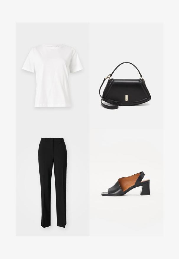 White cotton t-shirt with short sleeves, round neckline, and a relaxed fit. Smooth texture, no patterns or accents, minimalistic design.; Black tailored trousers with a straight-leg design, featuring a smooth texture and crisp creases along the front. No visible hardware.; Black leather open-toe slingback shoe with a square heel and a tan interior. Features a curved upper design and a textured sole.; Black leather handbag with a structured design, featuring a cropped shape, top handle, and gold hardware accent. Adjustable shoulder strap included.