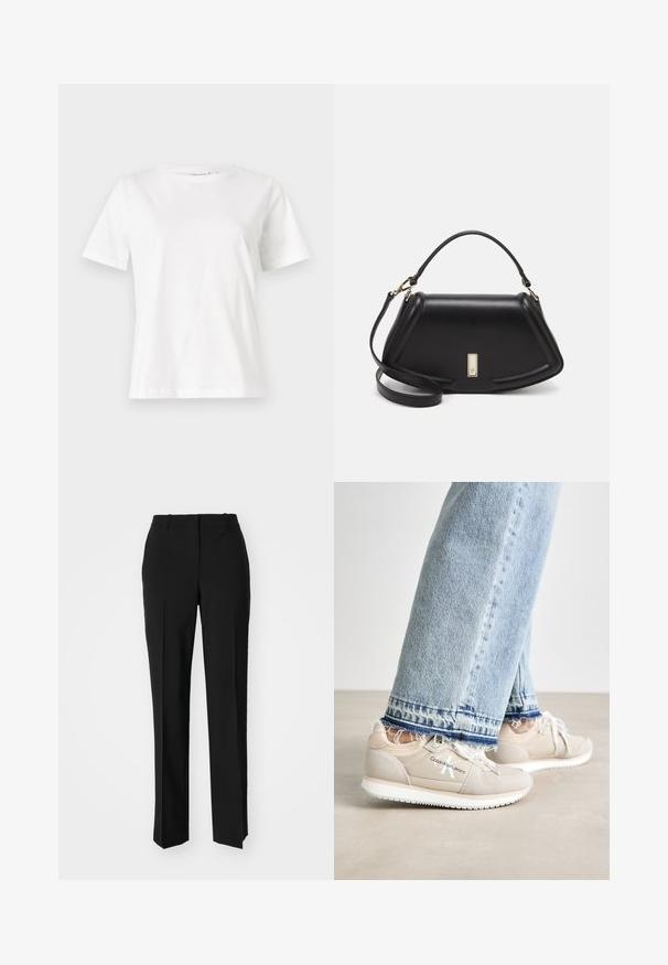 White cotton t-shirt with short sleeves, round neckline, and a relaxed fit. Smooth texture, no patterns or accents, minimalistic design.; Black tailored trousers with a straight-leg design, featuring a smooth texture and crisp creases along the front. No visible hardware.; Calvin Klein Jeans RUNNER - Trainers - eggshell/whisper pink; Black leather handbag with a structured design, featuring a cropped shape, top handle, and gold hardware accent. Adjustable shoulder strap included.