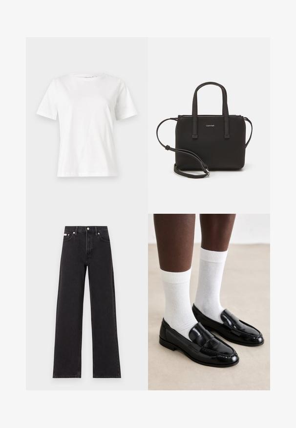 Bílý bavlněný tričko s krátkým rukávem, kulatým výstřihem a volnějším střihem. Hladká textura, bez vzorů nebo akcentů, minimalistický design.; Černé široké jeansy vyrobené z denimu, s vysokým pasem, pěti kapsami a kovovým zapínáním s kontrastním prošíváním.; Černé lakované kožené mokasíny s prošívaným vzorem, doplněné bílými bavlněnými ponožkami do půli lýtek, vystavené na světle podlaze.; Černá kabelka s dvojitými krátkými uchy a odnímatelným ramenním popruhem. Hladký koženkový materiál s uzávěrem na zip a detailem loga.