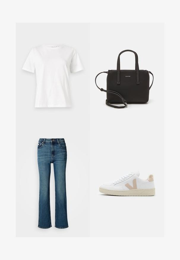 T-shirt en coton blanc à manches courtes, col rond et coupe décontractée. Texture lisse, sans motifs ni accents, design minimaliste.; Jean bleu taille haute en denim, avec une coupe droite, un léger délavé et une fermeture standard par bouton et zip.; Baskets blanches avec des accents en daim beige, bout arrondi et lacets blancs. Semelle en caoutchouc texturé et détail du logo sur le talon.; Sac à main noir avec deux poignées courtes et une bandoulière amovible. Matière lisse semblable à du cuir avec une fermeture éclair et un détail de logo.