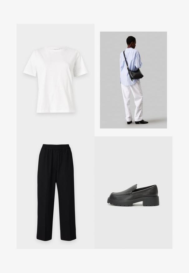 Baltas kokvilnas T-krekls ar īsām piedurknēm, apaļu kakla izgriezumu un brīvu piegriezumu. Gluda tekstūra, bez rakstiem vai akcentiem, minimālistisks dizains.; DAY Birger et Mikkelsen JONAH CLASSIC - Auduma bikses - black; Melnas ādas mokasīni ar noapaļotu purngalu, biezs teksturēts zoles un minimālas dūriena detaļas. Gluds dizains bez redzamām auklām vai metāla elementiem.; Melna ādas plecu soma ar mīkstu tekstūru, trīsstūra formu un regulējamu siksnu, apvienota ar gaiši zilu svītrotu krekli un baltām biksēm.