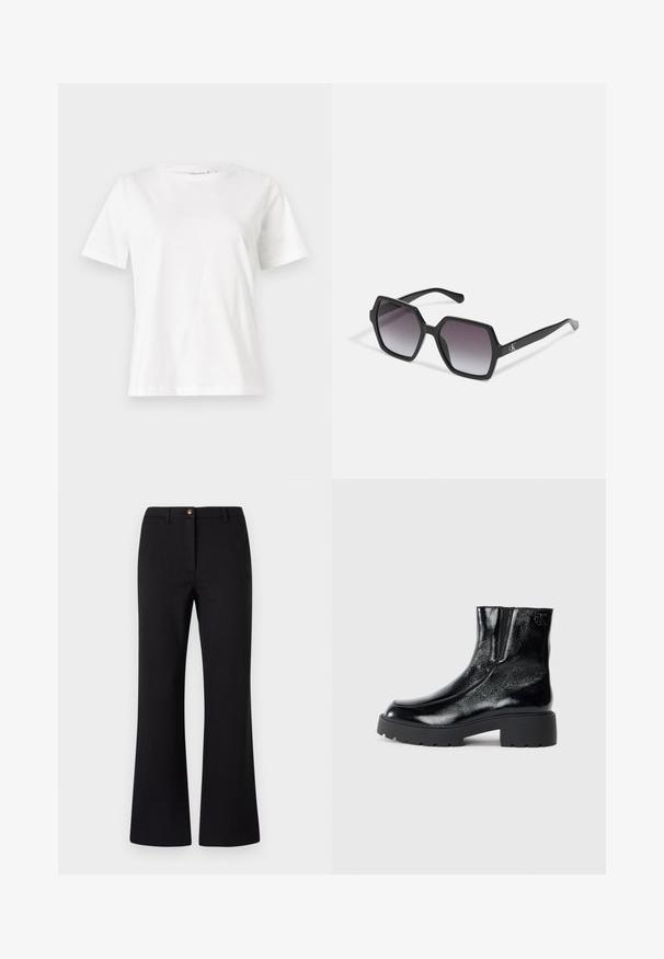 Valge puuvillane T-särk lühikeste varrukatega, ümmarguse kaelusega ja vabalt istuv. Sile tekstuur, ilma mustrite ja aktsentideta, minimalistik disain.; Mustad flared püksid, mis on valmistatud siledast kangast, ees nupuga sulgemisega, vöökohaga ja puhta, stiilse disainiga.; Mustad mustad tossud läikiva patendi nahaga viimistlusega, jäme musta kummist tald ja kõrgendatud konts; sisaldab külgedel peent logodegust.; Mustad kuuekülgsed prillid gradueeritud läätsedega, millel on läikiv viimistlus ja peene bränding põlvel. Vastupidav plastikust konstruktsioon.