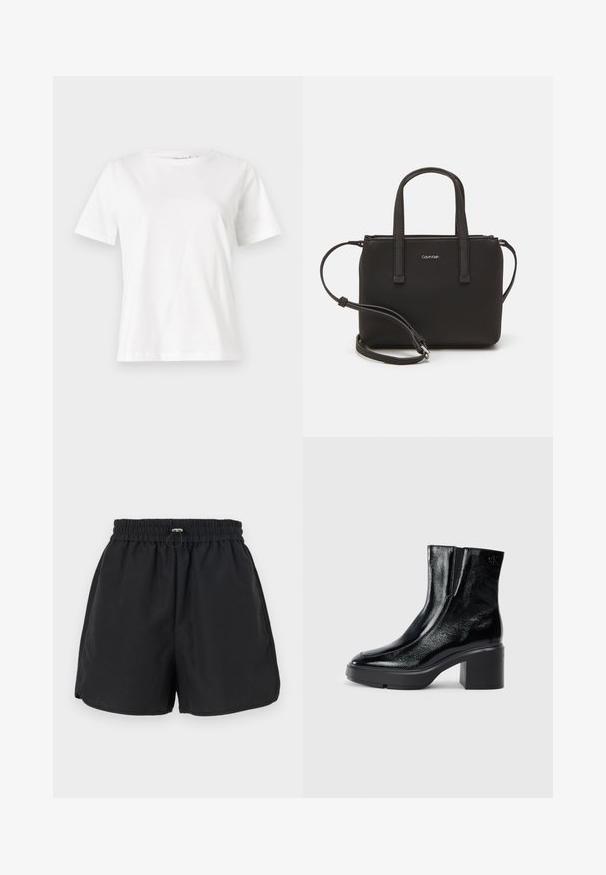 Valge puuvillane T-särk lühikeste varrukatega, ümmarguse kaelusega ja vabalt istuv. Sile tekstuur, ilma mustrite ja aktsentideta, minimalistik disain.; Mustad mustad, millel on elastne vöökoht, nööriga detail ja külje lõhikud. Valmistatud kergest kangast, pakkudes lõdvestunud istuvust.; Mustmustest must paeltega särkide, millel on kõver varvas, elastsed külgpaneelid ja jäme plokkpealse. Tagaküljel on reljeefne logo.; Musthave mustrans vöö ja eemaldatav õlarihm. Gludike nahk siledaga, millel on tõmblukk ja logo detail.