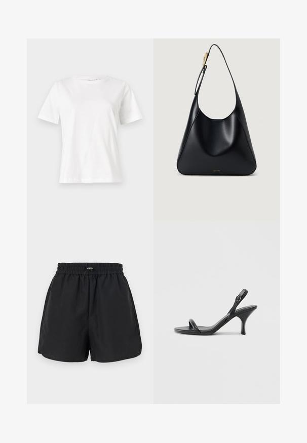Tricou alb din bumbac cu mâneci scurte, guler rotund și o croială relaxată. Textură netedă, fără imprimeuri sau accente, design minimalist.; Șorti negri cu talie elastică, detaliu cu șnur și fante laterale. Confectionați dintr-un material ușor, oferind o potrivire confortabilă.; Sandale cu toc înalt din piele neagră, cu un toc subțire și curbat și un design cu curea încrucișată. Curea la gleznă ajustabilă. Textură netedă.; Geantă de umăr din piele neagră, cu o textură netedă, siluetă curbată și un accent din hardware aurit. Prezintă logo-ul brandului embosat la bază.