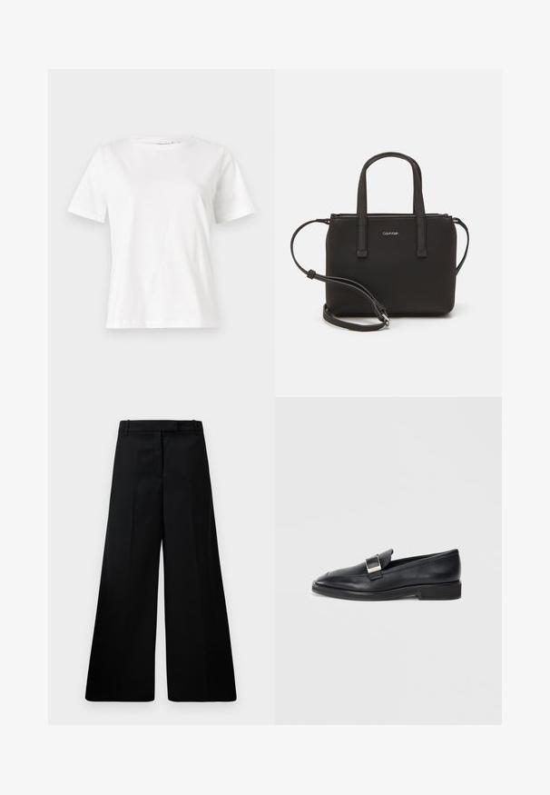 Bílý bavlněný tričko s krátkým rukávem, kulatým výstřihem a volnějším střihem. Hladká textura, bez vzorů nebo akcentů, minimalistický design.; Černé široké kalhoty vyrobené z hladké látky, s vysokým pasem, dvěma předními kapsami a čistým střihem. Jednoduchá textura bez vzorů.; Černé kožené loafery se stříbrnou obdélníkovou sponou na vrchu a nízkým podpatkem na bílém pozadí.; Černá kabelka s dvojitými krátkými uchy a odnímatelným ramenním popruhem. Hladký koženkový materiál s uzávěrem na zip a detailem loga.