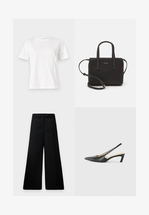 White cotton t-shirt with short sleeves, round neckline, and a relaxed fit. Smooth texture, no patterns or accents, minimalistic design.; Black wide-leg trousers made of smooth fabric, featuring a high waist, two front pockets, and a clean-cut design. Plain texture with no patterns.; Black pointy-toed slingback shoe with a low heel, featuring smooth leather material and cut-out design on the side for breathability.; Black handbag with dual short handles and a removable shoulder strap. Smooth leather-like material with a zip closure and logo detail.