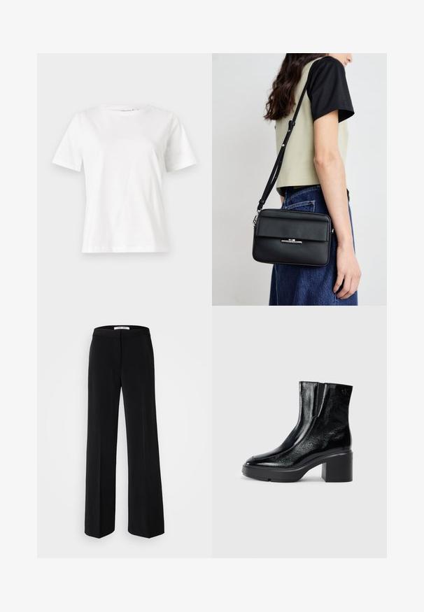Weißes Baumwoll-T-Shirt mit kurzen Ärmeln, Rundhalsausschnitt und lockerer Passform. Glatte Textur, keine Muster oder Akzente, minimalistisches Design.; Schwarze, weite Hosen mit glatter Textur, ausgestattet mit einem taillierten Bund und minimalistischem Design. Keine sichtbaren Muster oder Akzente.; Schwarze Lackleder-Stiefeletten mit einer geschwungenen Zehenpartie, elastischen Seiteneinsätzen und einem klobigen Blockabsatz. Mit geprägtem Logo auf der Rückseite.; Calvin Klein LINEAR CAMERA BAG - Umhängetasche - black