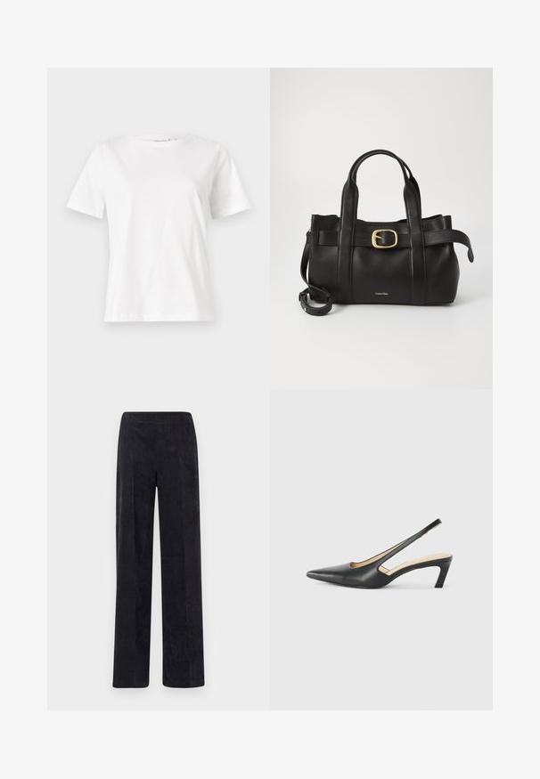 T-shirt en coton blanc à manches courtes, col rond et coupe décontractée. Texture lisse, sans motifs ni accents, design minimaliste.; Pantalon en velours côtelé gris foncé avec une coupe droite, présentant une surface texturée en côtes et une taille élastique pour plus de confort.; Slingback noir à bout pointu avec un petit talon, en cuir lisse et doté d'un design découpé sur le côté pour plus de respirabilité.; Sac à main en cuir noir présentant un design structuré, deux poignées supérieures, un accent de boucle en ton doré et un logo de la marque en relief à l'avant.