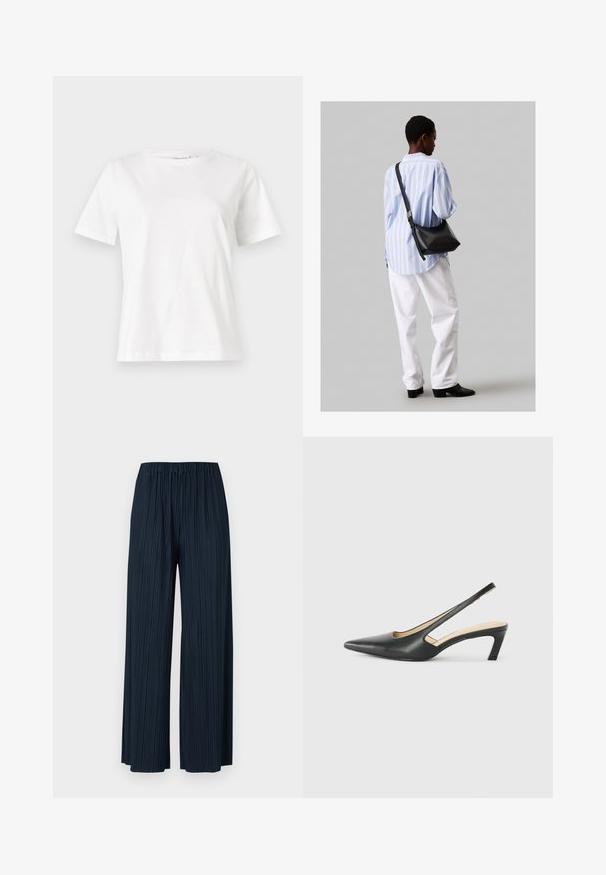 Fehér pamut póló rövid ujjakkal, kerek nyakkivágással és laza szabással. Sima textúra, nincsenek minták vagy díszítések, minimalista dizájn.; Sötétkék, plisszírozott, bő szárú nadrág elasztikus derékkal. Függőleges csíkokkal és puha tapintással a kényelem érdekében. Zsebek nélkül.; Fekete, hegyes orrú, slingback cipő alacsony sarkával, sima bőrből készült, oldalt kivágott deisgnal a légáteresztőképesség érdekében.; Fekete bőr válltáska puha tapintással, háromszög alakú, állítható pánttal, világoskék csíkos inggel és fehér nadrággal párosítva.