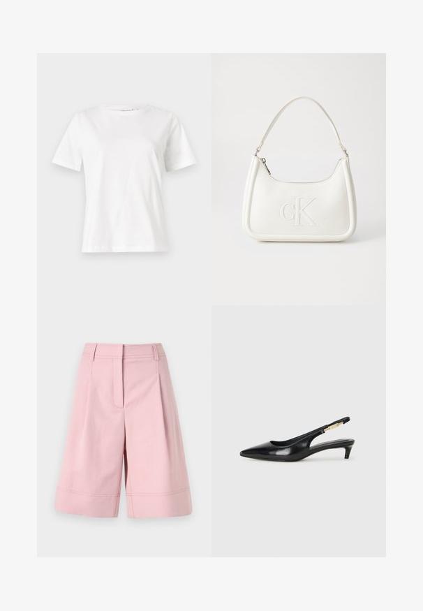 Biela bavlnená tričko s krátkymi rukávmi, okrúhlym výstrihom a voľným strihom. Hladká textúra, bez vzorov alebo akcentov, minimalistický dizajn.; Svetloružové šortky vyrobené z bavlneného zmesi, s vysokým pásom, skladmi a olemovaným spodkom s viditeľnými švami.; Čierne kožené slingback opätky s špicatou špičkou, s úzkym opätkom a zlatým detailom na nastaviteľnom remienku. Hladká textúra.; Biela kožená kabelka s zakriveným tvarom, na prednej strane s embosovaným logom "CK" a jedným ramenným popruhom. Zipsové zapínanie navrchu.