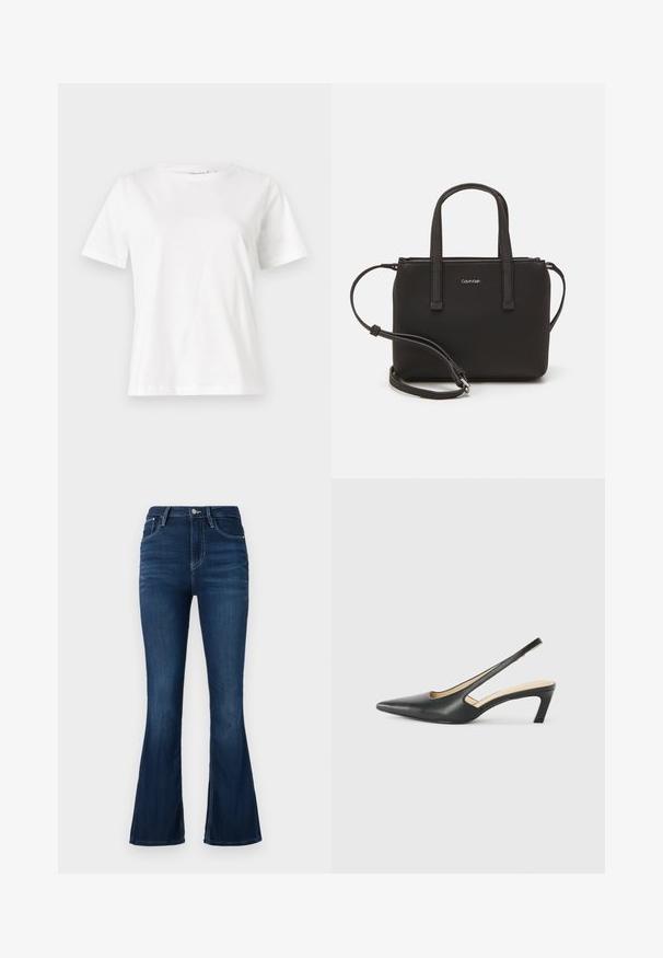 Hvid bomulds t-shirt med korte ærmer, rund halsudskæring og en afslappet pasform. Glat tekstur, ingen mønstre eller accenter, minimalistisk design.; Høj talje flared jeans i mørk denim. Har en frontlukning med knap og lynlås, bæltestropper og en minimalt slidtegn.; Sorte spidse slingback-sko med en lav hæl, lavet af glat læder og med udskæringer på siden for åndbarhed.; Sort håndtaske med to korte håndtag og en aftagelig skulderrem. Glat læderagtigt materiale med lynlåslukning og logo detaljer.