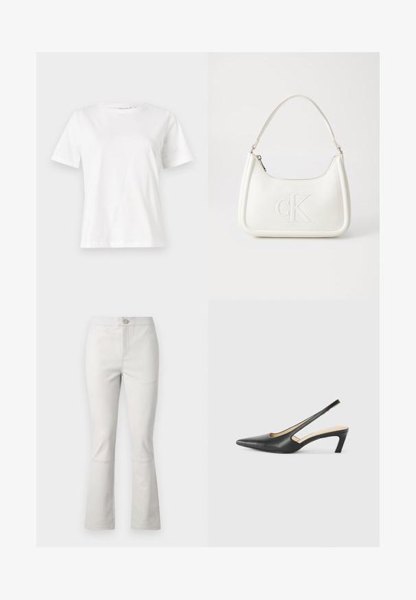 T-shirt de algodão branco com mangas curtas, decote redondo e um corte descontraído. Textura suave, sem padrões ou detalhes, design minimalista.; Calças flared em cinza claro, feitas de uma mistura de algodão. Apresentam pockets frontais, um fecho de botão e detalhes de costura subtil ao longo das costuras.; Sandal com bico fino e calcanhar baixo, em couro liso, com um design recortado na lateral para respirabilidade.; Mala de mão branca em pele com uma forma curva, apresentando um logo "CK" em relevo na frente e uma alça de ombro única. Fecho com zíper na parte superior.