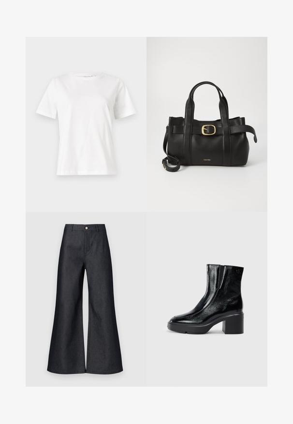 Bela bombažna majica s kratkimi rokavi, okroglo izrezana in ohlapnega kroja. Gladka tekstura, brez vzorcev ali dodatkov, minimalističen dizajn.; Temno modri široki hlače z visokim pasom, z zapiranjem na gumb spredaj, z zankami za pas in gladko teksturo. Čista zasnova brez vidnih vzorcev.; Črne lakirane gležnjarje z ukrivljenim nosom, elastičnimi stranskimi paneli in debelim blokastim peto. Imajo vtisnjen logotip na zadnjem delu.; Črna usnjena torba s strukturirano zasnovo, dvojni zgornji ročaji, zlato-tonirni zaponka kot dodatek in vtisnjeni logotip blagovne znamke spredaj.