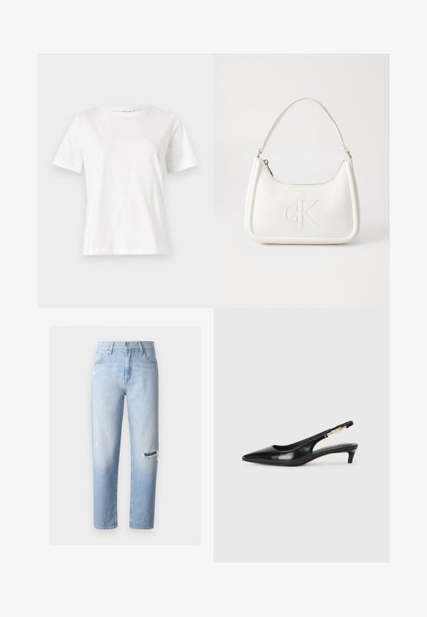 Baltas kokvilnas T-krekls ar īsām piedurknēm, apaļu kakla izgriezumu un brīvu piegriezumu. Gluda tekstūra, bez rakstiem vai akcentiem, minimālistisks dizains.; Gai zilo džinsu bikses ar brīvu piegulšanu, ar plēšu kreisajā ceļgalā un nelielu izbalējumu visā virsmā. Klasiska piecu kabatu dizaina.; Melnas ādas slingback zābaki ar smailu purngalu, ar šauru papēdi un zelta krāsas akcentu uz regulējama siksniņas. Gluda tekstūra.; Balta ādas rokassoma ar noapaļotu formu, uz kuras priekšpuses ir izgriezts "CK" logo un viena plecu siksna. Augšā aizverama ar rāvējslēdzēju.