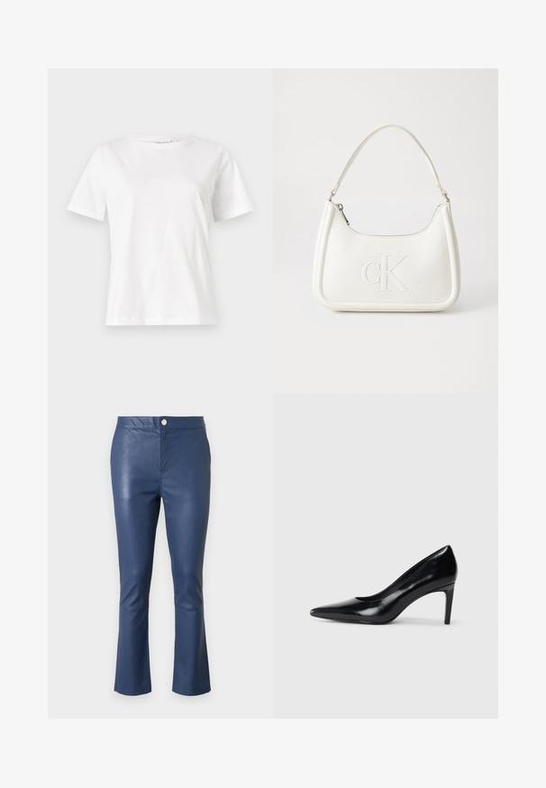 Balta medvilninė marškinėliai trumpomis rankovėmis, su apvalia iškirpte ir laisvu siluetu. Lygi tekstūra, be raštų ar akcentų, minimalistinis dizainas.; Tamsiai mėlynos odinės kelnės su lieknu siluetu, platėjančiomis apačiomis, priekyje užsegamos mygtuku ir lygia tekstūra. Matomos siūlės palei siūles.; Juodas odinis aukštakulnis batelis su smailiu pirštu, lygiu paviršiumi ir siauru kulnu. Minimalistinis dizainas, jokių papildomų puošmenų.; Balta odinė rankinė su išlenkta forma, su reljefiniu "CK" logotipu priekyje ir viena petneša. Užtrauktuko uždarymas viršuje.