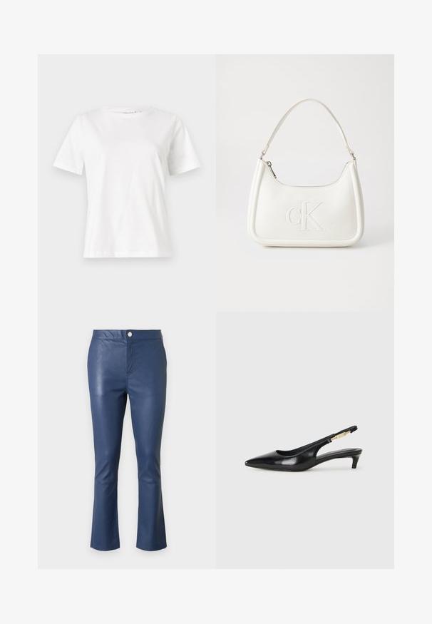 Bela bombažna majica s kratkimi rokavi, okroglo izrezana in ohlapnega kroja. Gladka tekstura, brez vzorcev ali dodatkov, minimalističen dizajn.; Temno modre usnjene hlače s slim fit krojem, razširjenimi robovi, sprednjim gumbom za zapiranje in gladko teksturo. Vidne šive ob šivih.; Črne usnjene sandale na peto z ostro konico, ki imajo tanko peto in zlat ton na nastavljivem traku. Gladka tekstura.; Bela usnjena torbica s ukrivljeno obliko, ki na sprednji strani nosi vžgano logo "CK" in ima eno naramnico. Zadrga za zapiranje na vrhu.