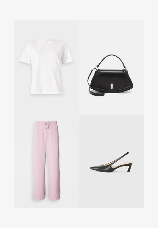 Camiseta de algodón blanca de manga corta, con cuello redondo y un corte relajado. Textura suave, sin patrones ni acentos, diseño minimalista.; Pantalones de chándal rosa claro con cintura ajustable, piernas anchas y dobladillo doblado. Cuenta con un pequeño logotipo bordado en el lado. Textura de tela suave.; Zapato negro de punta afilada tipo slingback con un tacón bajo, que presenta un material de cuero suave y un diseño recortado en el lateral para mayor transpirabilidad.; Bolso de mano de cuero negro con un diseño estructurado, que presenta una forma recortada, asa superior y acentos en dorado. Correa de hombro ajustable incluida.